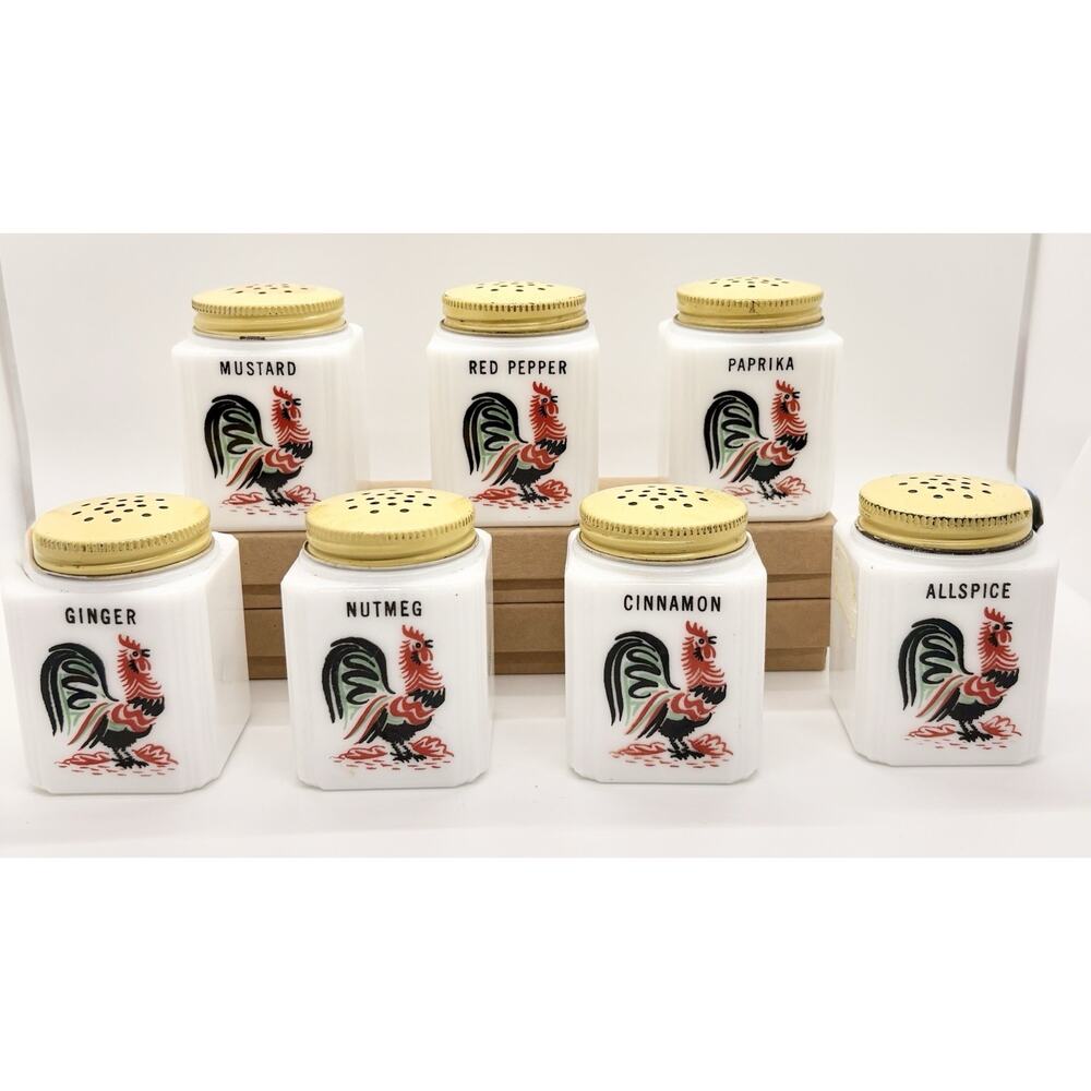 Vtg 7 Piece Tipp City Rooster Spice Jar Set White Glass Yellow Cap USA 1930s